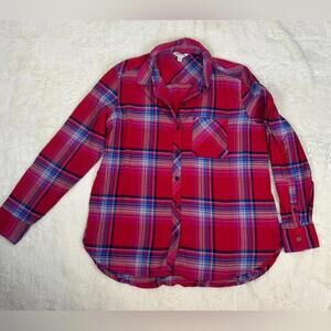 Orvis Red Blue Plaid Button Down Shirt Mens Medium Flannel Cotton Long Sleeve